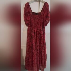 Torrid Elegant Red/purple Floral Dress Fairy Ruffled Hem Short Sleeve Smocking
